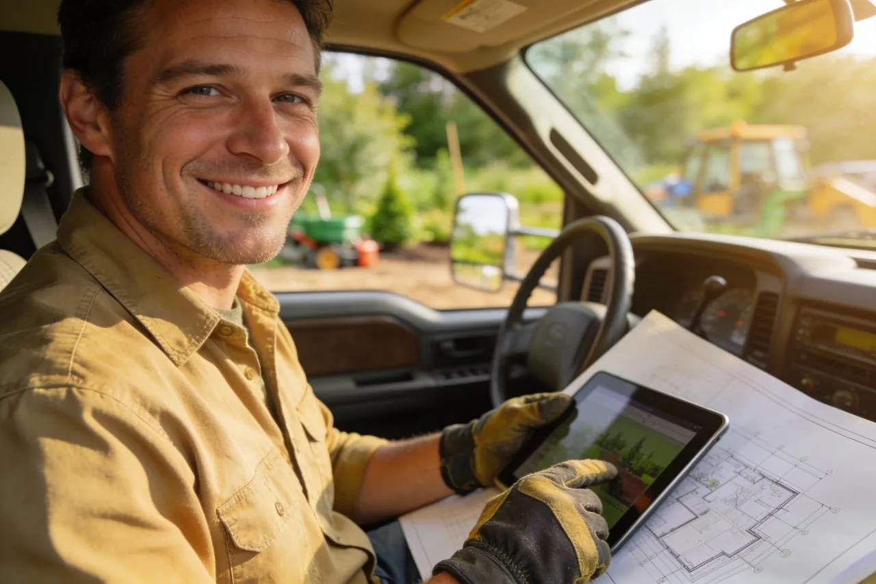 Landscaping business owner reviewing project plans on a tablet in his truck