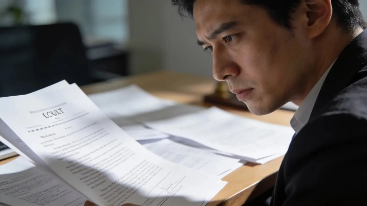 Business owner reviewing a court judgment letter with an advisor at a desk - business funding with a business judgment