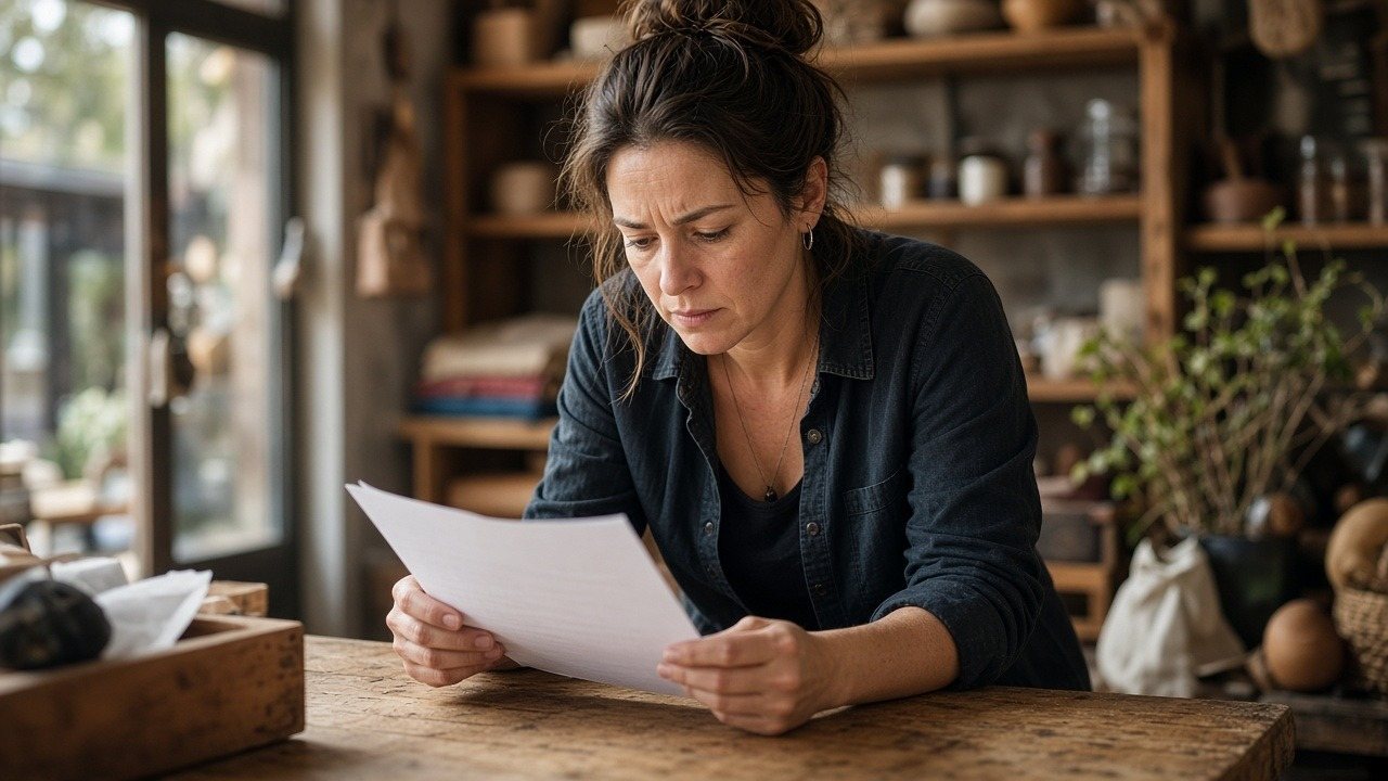 Worried shop owner reviewing paperwork at her counter after an MCA default