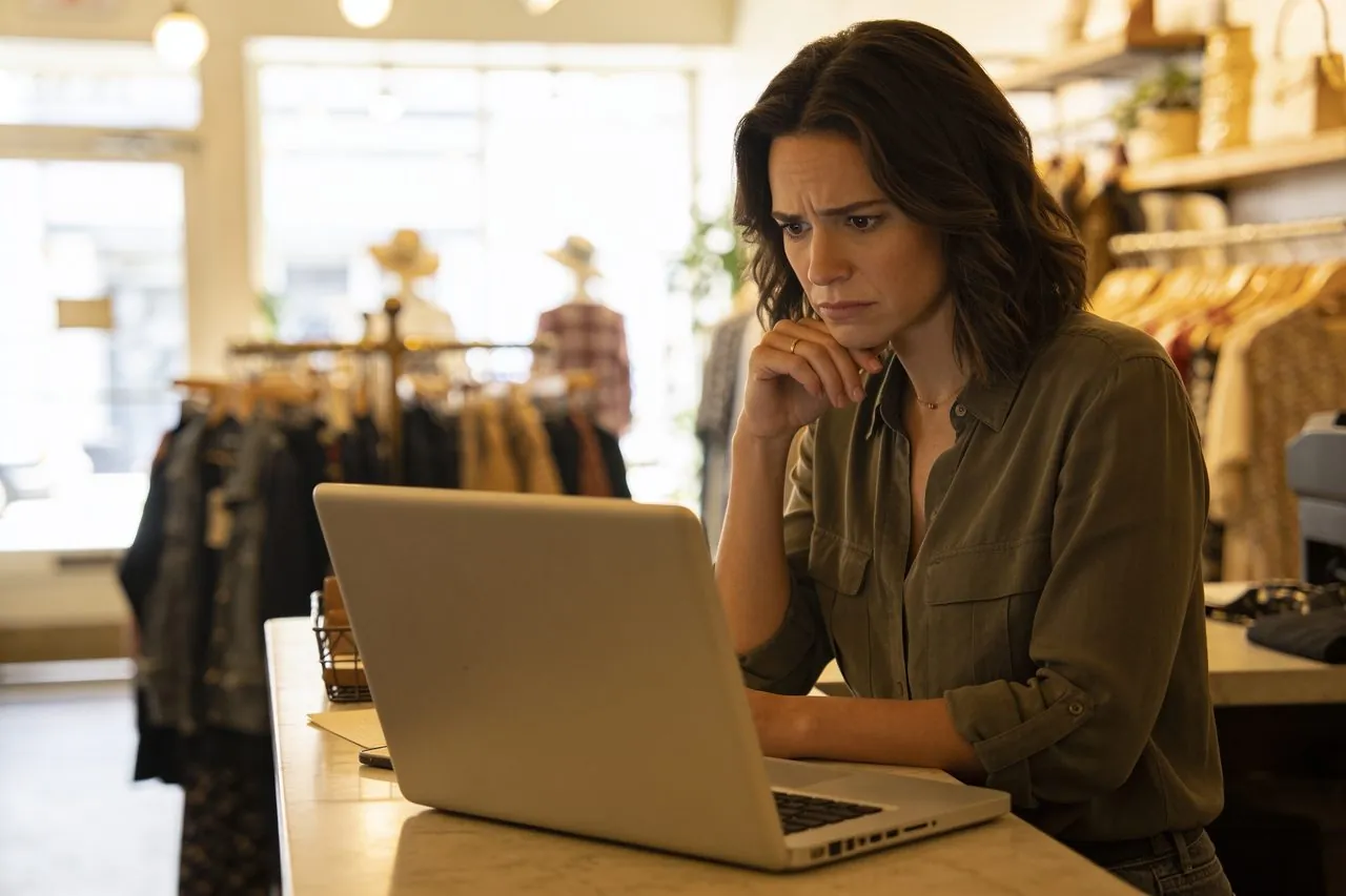 Boutique shop owner reviewing options on a laptop at the counter