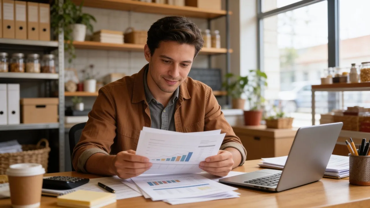 Business owner reviewing a UCC lien filing statement at a desk with a laptop and paperwork - business funding with a UCC lien.