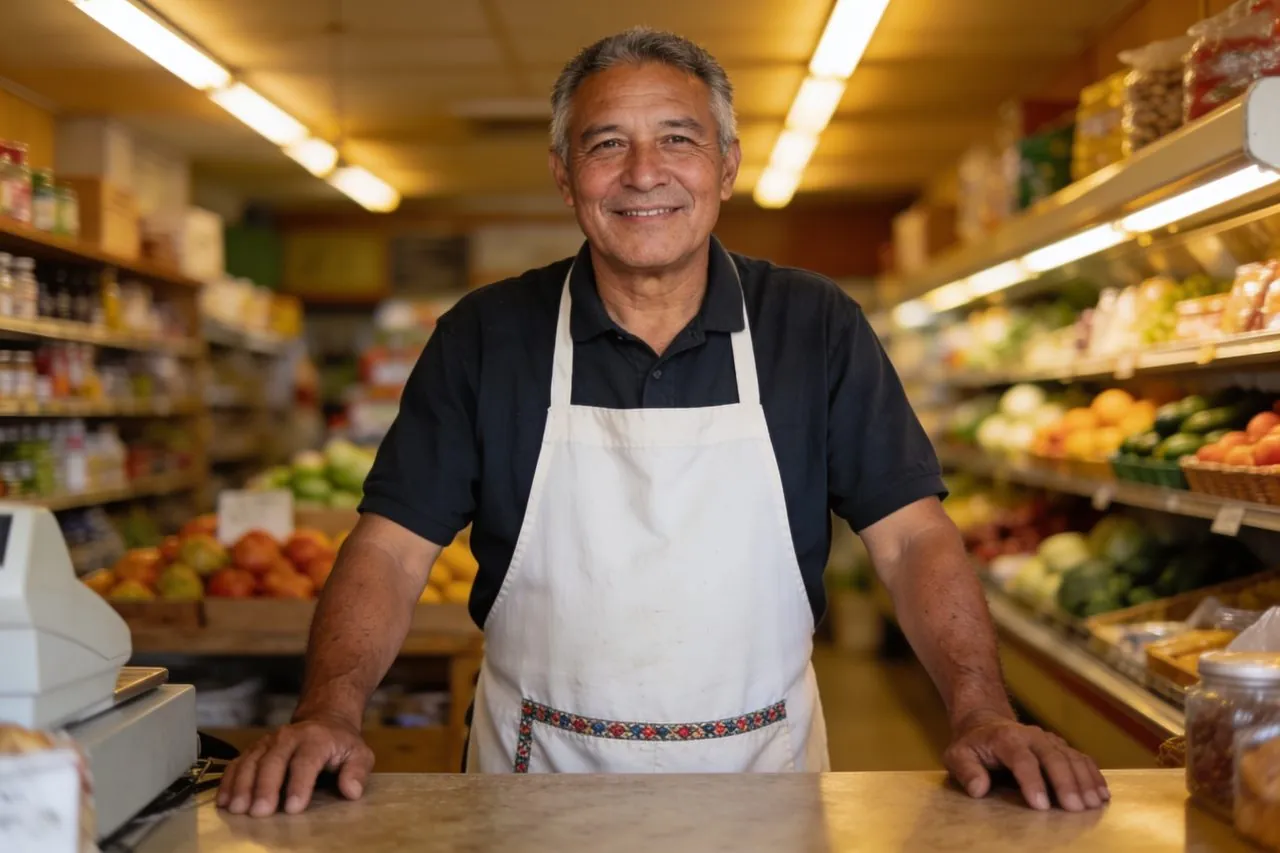 Family grocery store owner standing at the counter of their neighborhood market