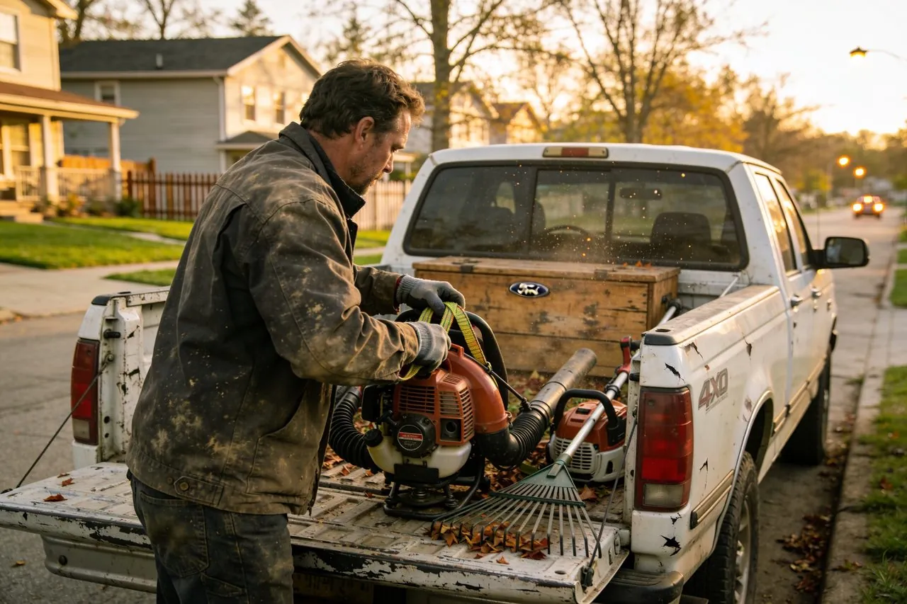 Landscaping business owner loading equipment into their work truck at dusk