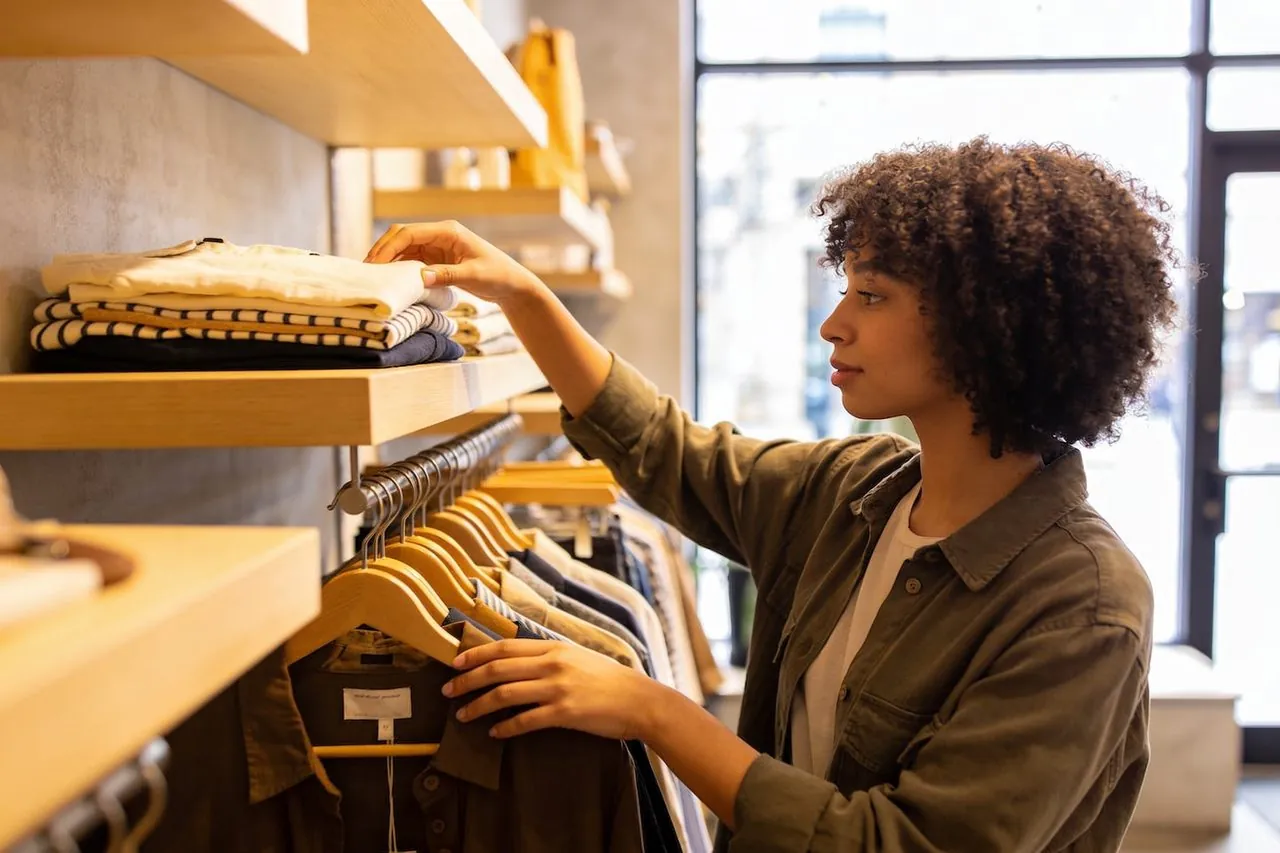Boutique owner arranging folded clothing on shelves in their small shop