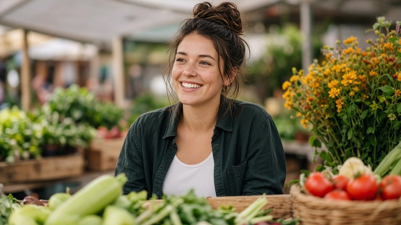 Young business owner smiling confidently at her farmers market produce stall