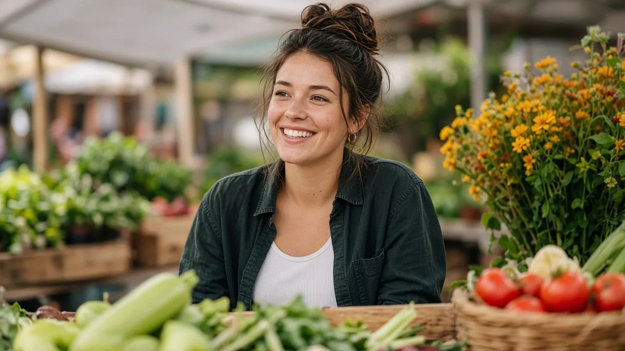 Young business owner smiling confidently at her farmers market produce stall