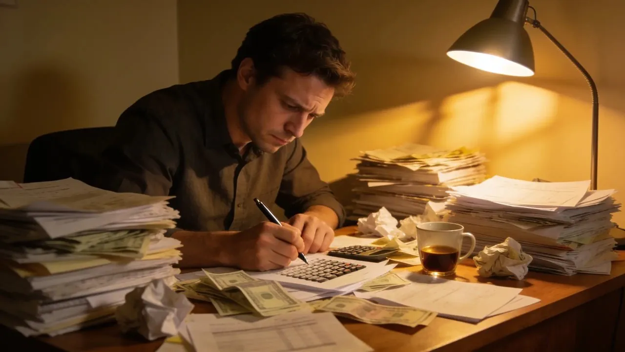 Business owner reviewing multiple advance statements at a desk with a calculator - business funding with stacked mcas