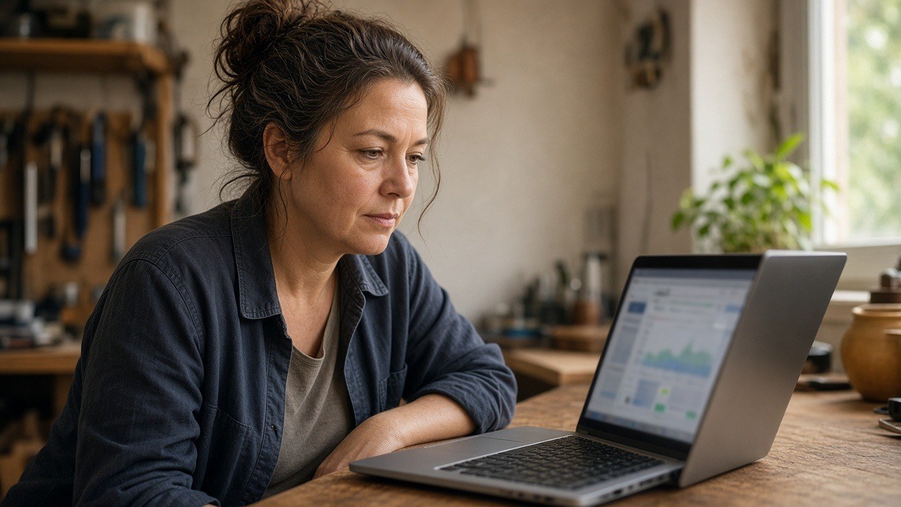 Business owner reviewing a performance dashboard on a laptop in her back office