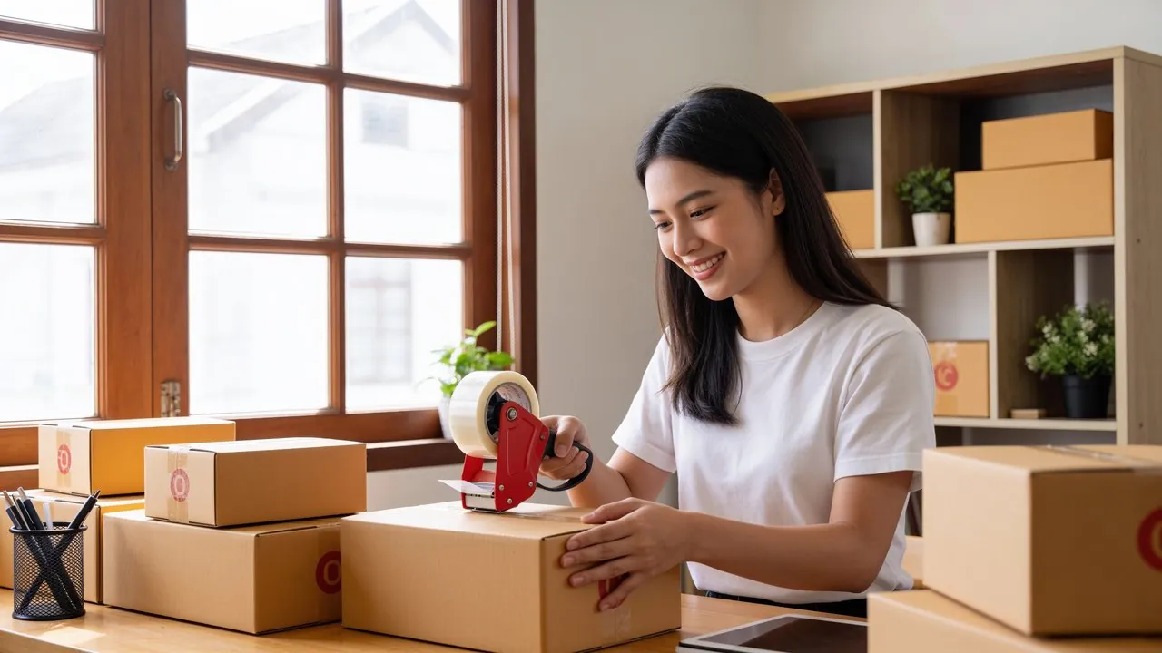 E-commerce owner packing orders in a small warehouse