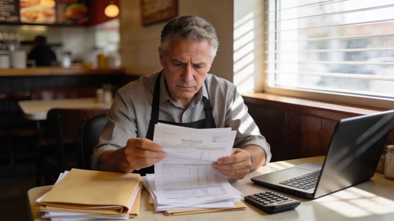 Restaurant owner in an apron seated at a back-office desk reviewing tax paperwork and manila folders beside a laptop and calculator, daylight through window blinds