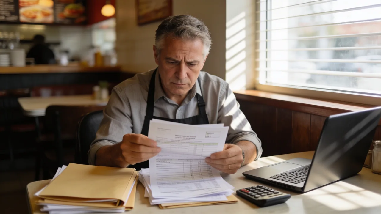 Restaurant owner in an apron seated at a back-office desk reviewing tax paperwork and manila folders beside a laptop and calculator, daylight through window blinds