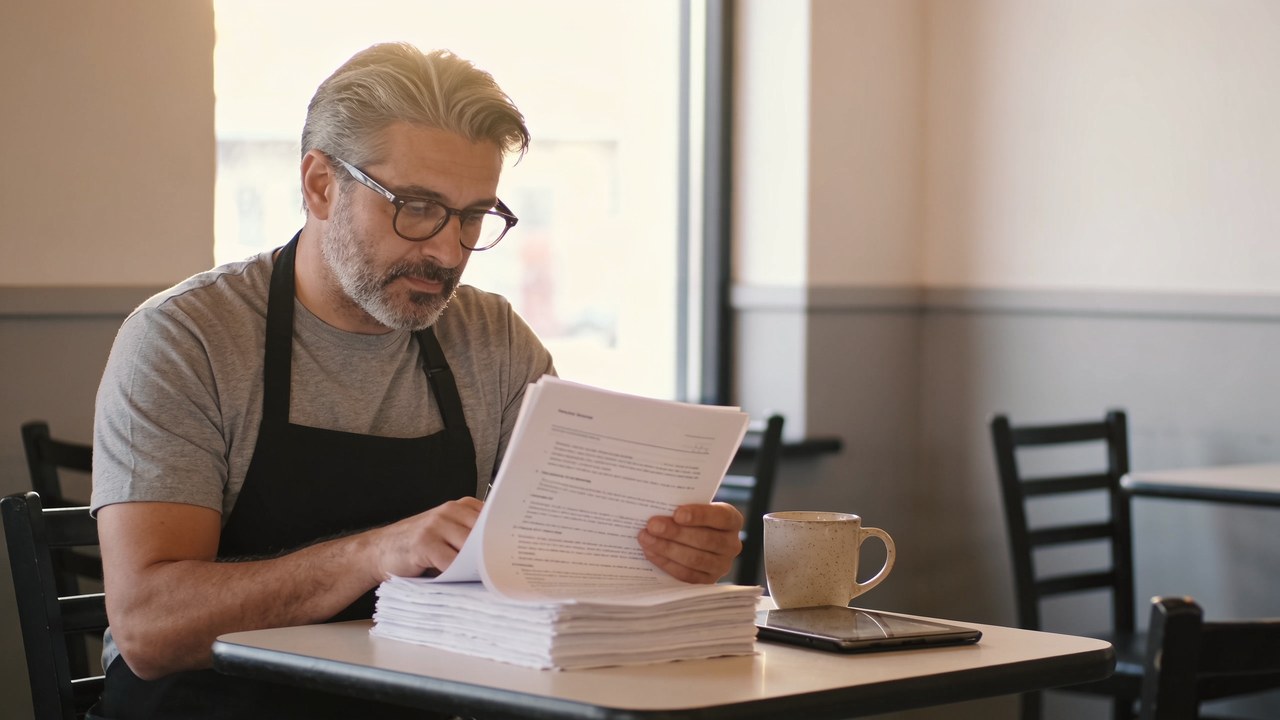 Franchise cafe owner in an apron reading through a thick printed franchise agreement at a table before opening
