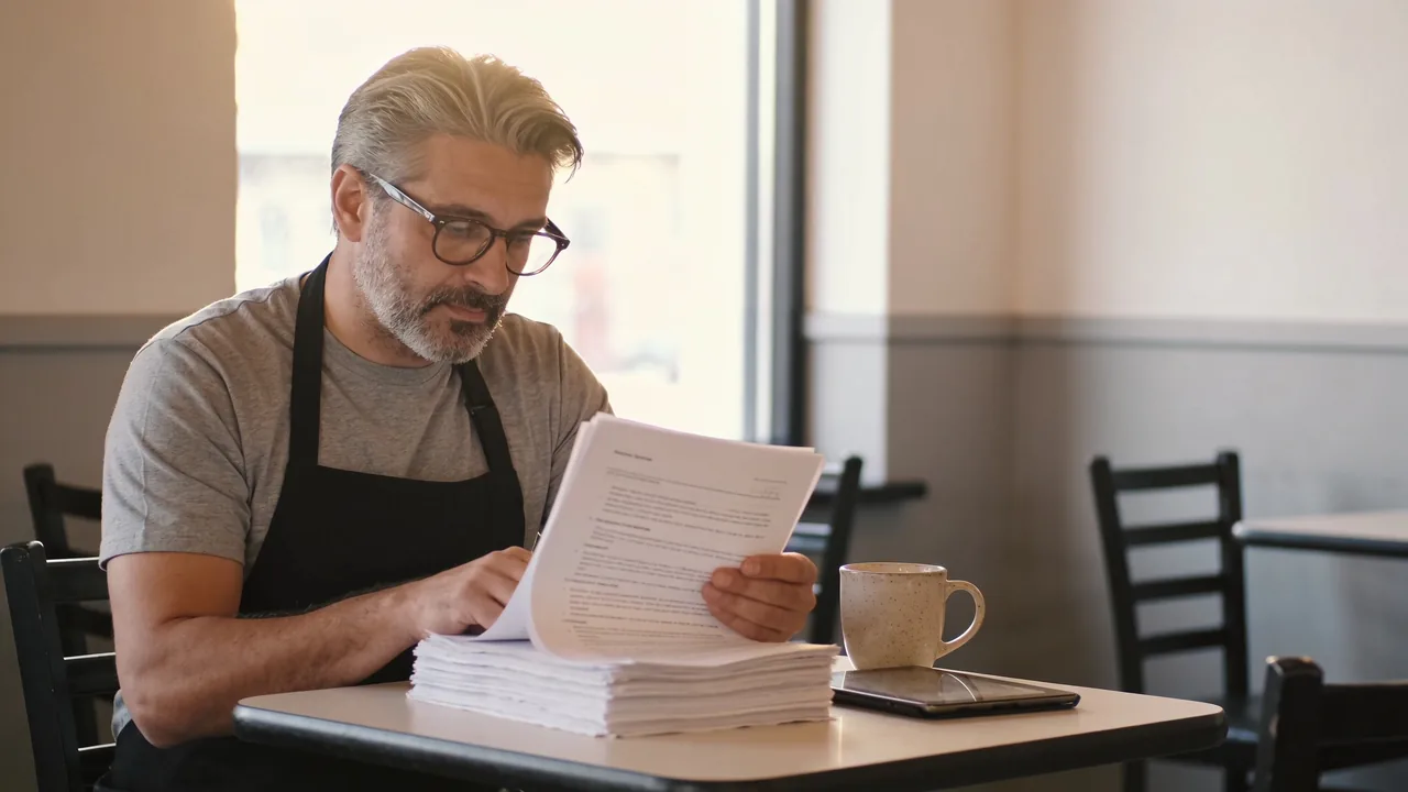 Franchise cafe owner in an apron reading through a thick printed franchise agreement at a table before opening