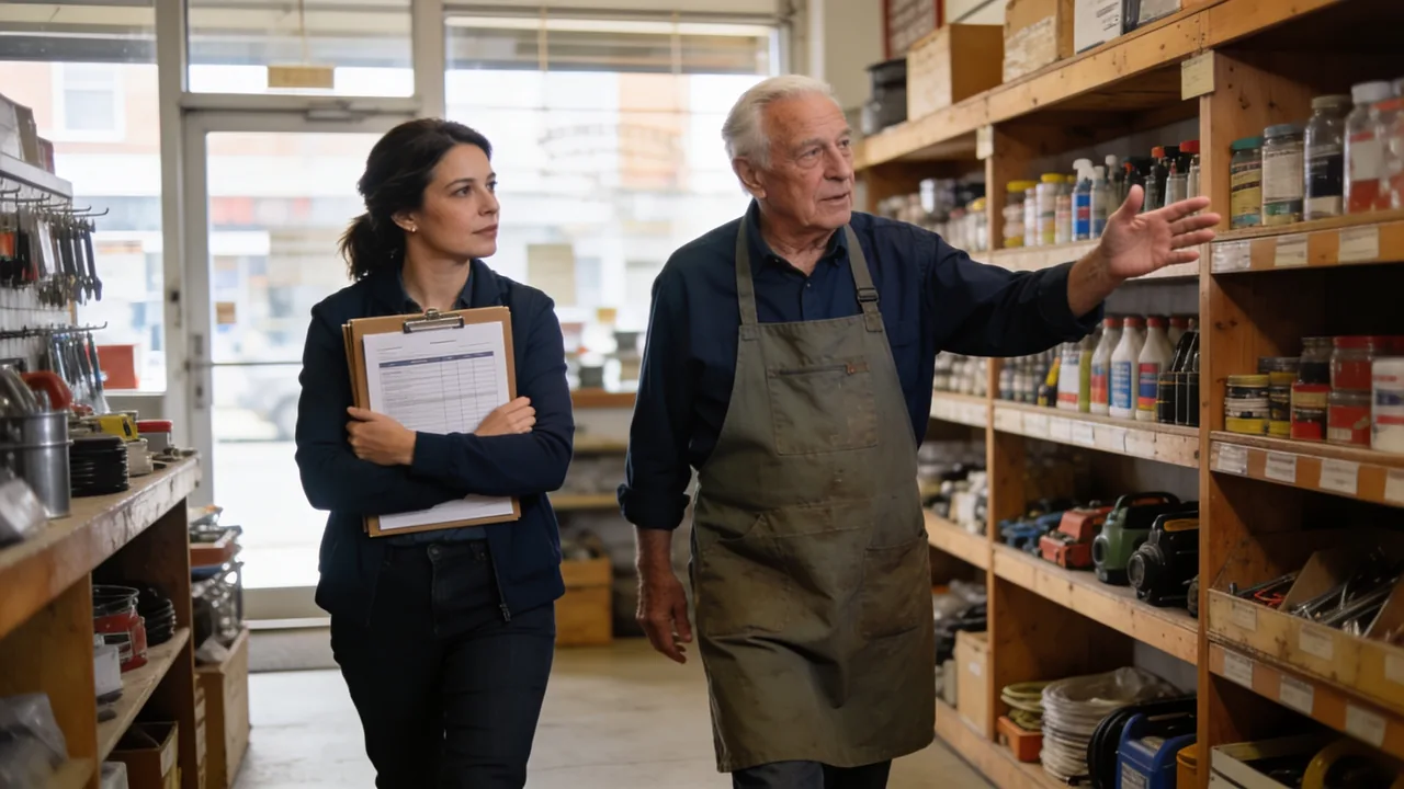 Prospective buyer holding a folder of financial statements while the retiring owner walks her through the stocked shelves of a neighborhood hardware store