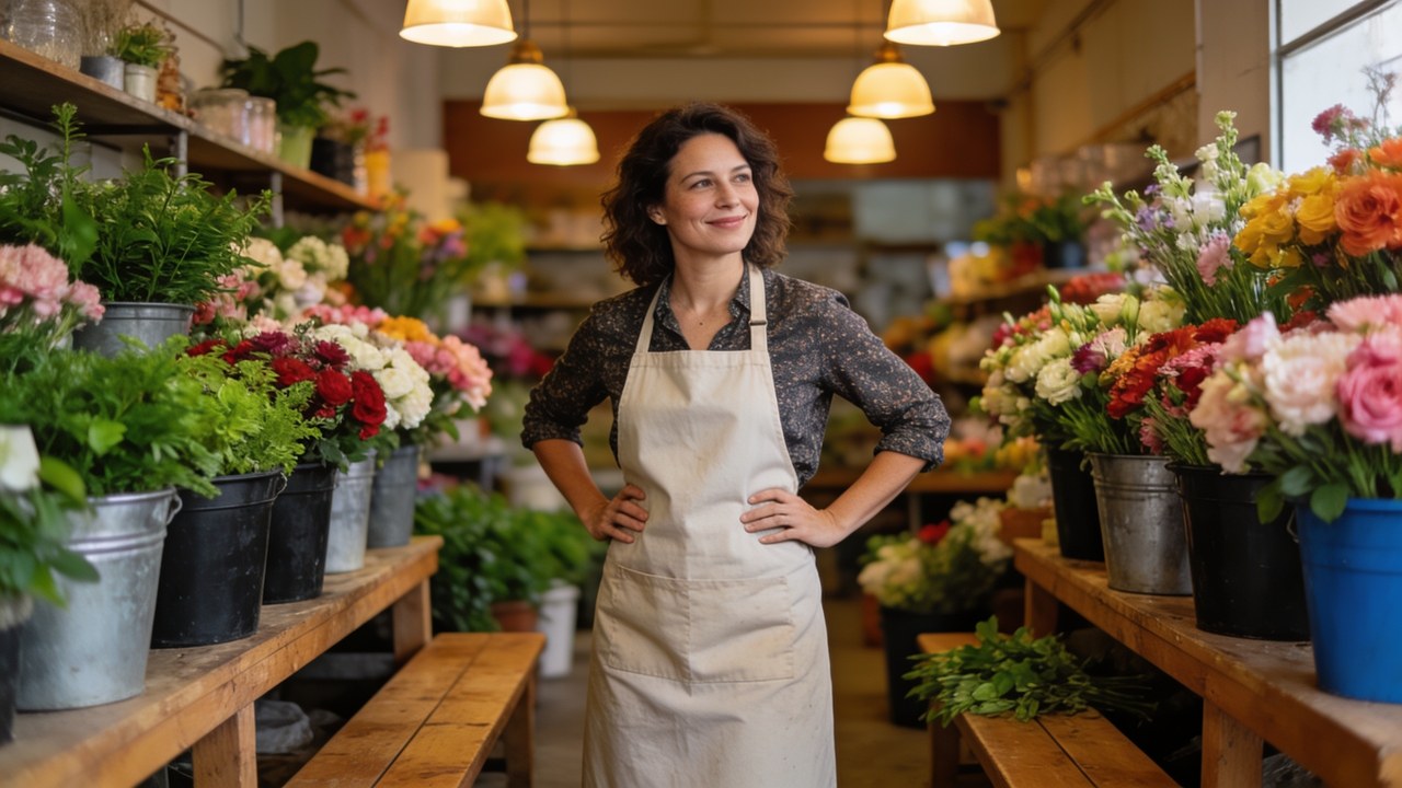 Small-business owner in an apron standing among buckets of fresh flowers in the leased interior of her florist shop