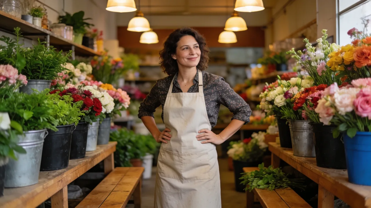 Small-business owner in an apron standing among buckets of fresh flowers in the leased interior of her florist shop