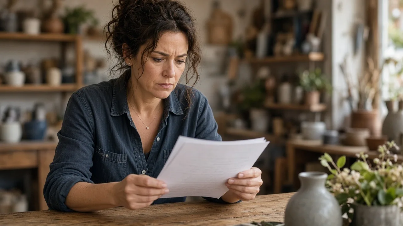 Pottery studio owner in a denim shirt sitting at a wooden workbench, reading a two-page letter with a concerned expression, shelves of ceramics behind her