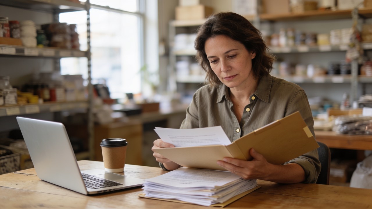 Small-business owner reading a folder of legal documents beside a laptop at a wooden table in the back office of her shop
