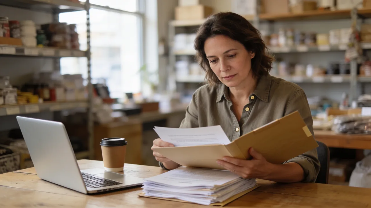 Small-business owner reading a folder of legal documents beside a laptop at a wooden table in the back office of her shop