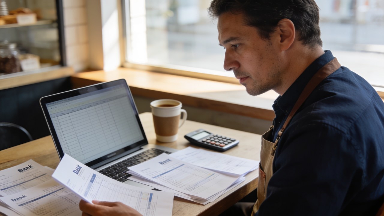 Small-business owner in an apron reviewing printed bank statements beside a laptop at a cafe table in morning light