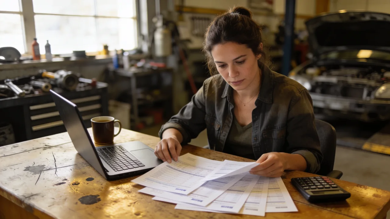 Auto repair shop owner spreading printed business bank statements across her desk beside an open laptop