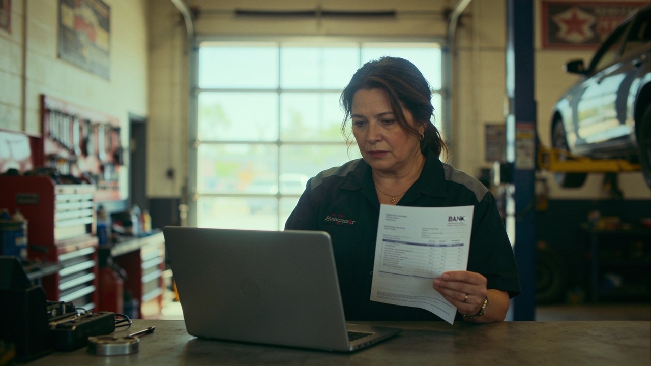 Auto repair shop owner reviewing a printed bank statement beside her laptop at the shop counter