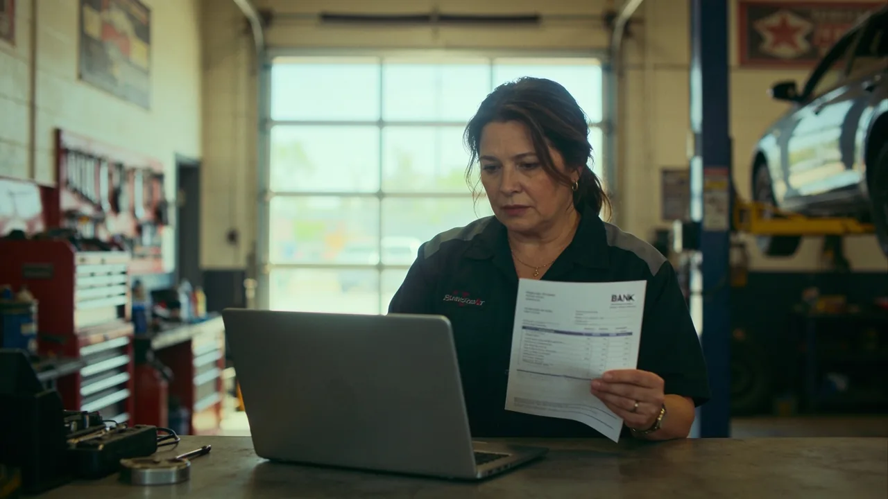 Auto repair shop owner reviewing a printed bank statement beside her laptop at the shop counter