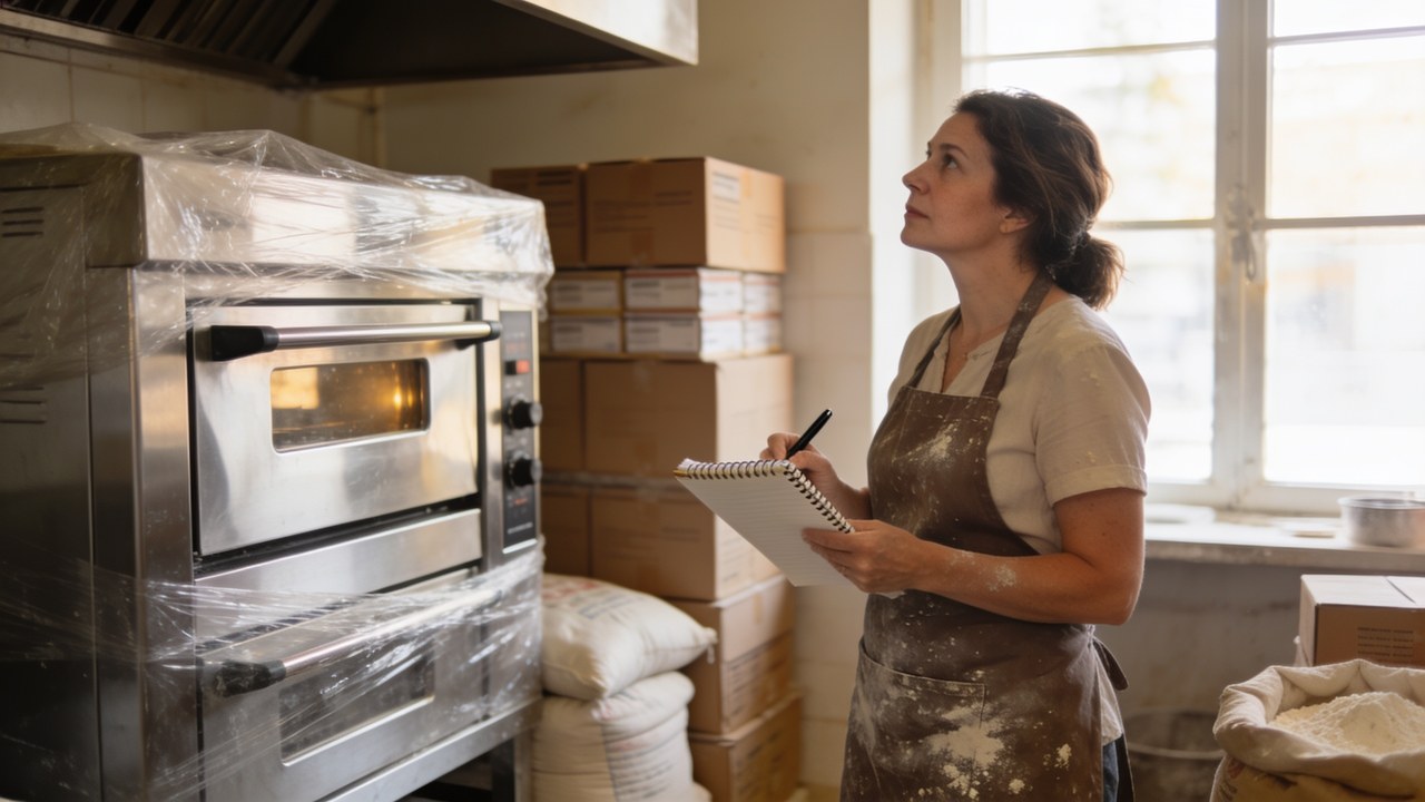 Bakery owner in a flour-dusted apron holding a notebook, looking at a new commercial oven still wrapped in plastic beside stacked inventory boxes