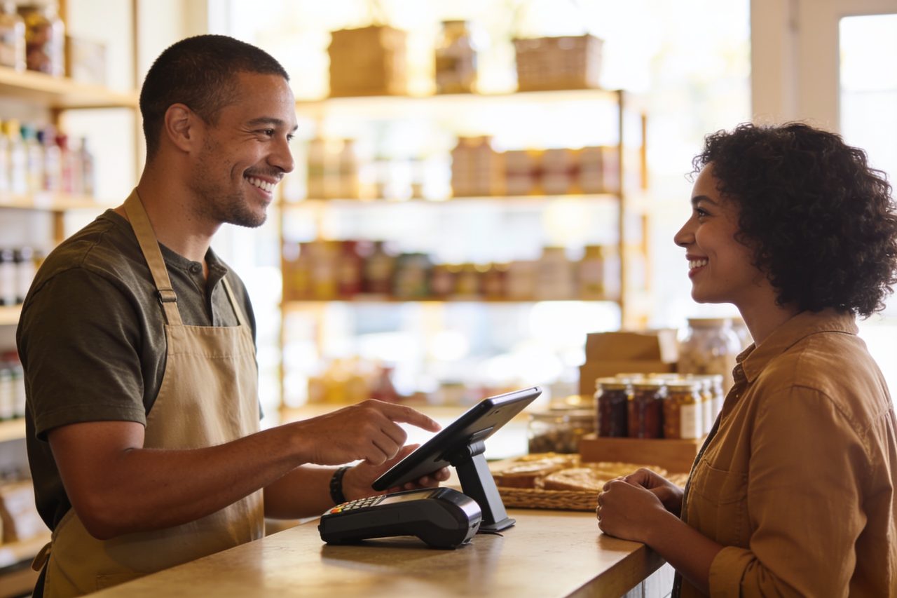 Small business owner comparing point-of-sale systems on a tablet at the checkout counter of a retail shop.