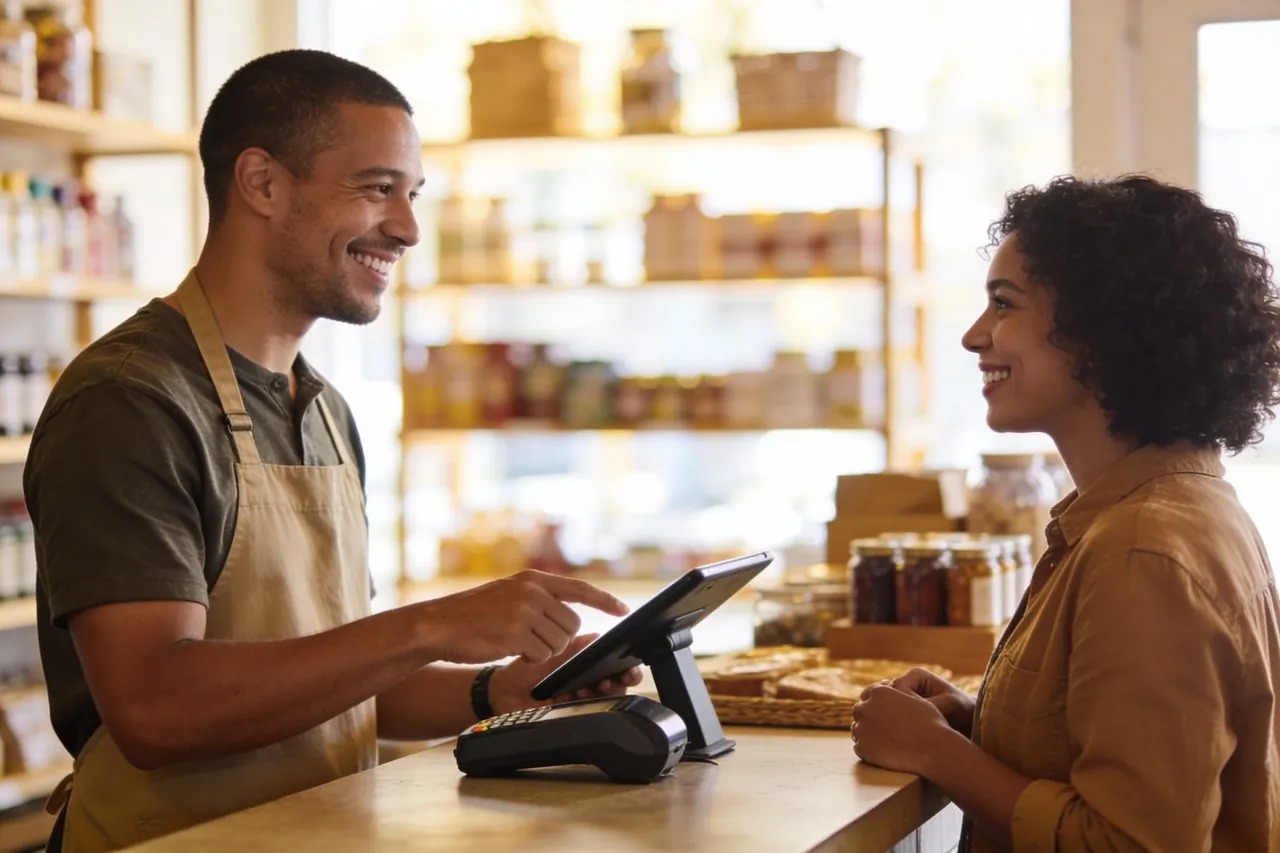 Shop owner ringing up a customer on a tablet point-of-sale terminal