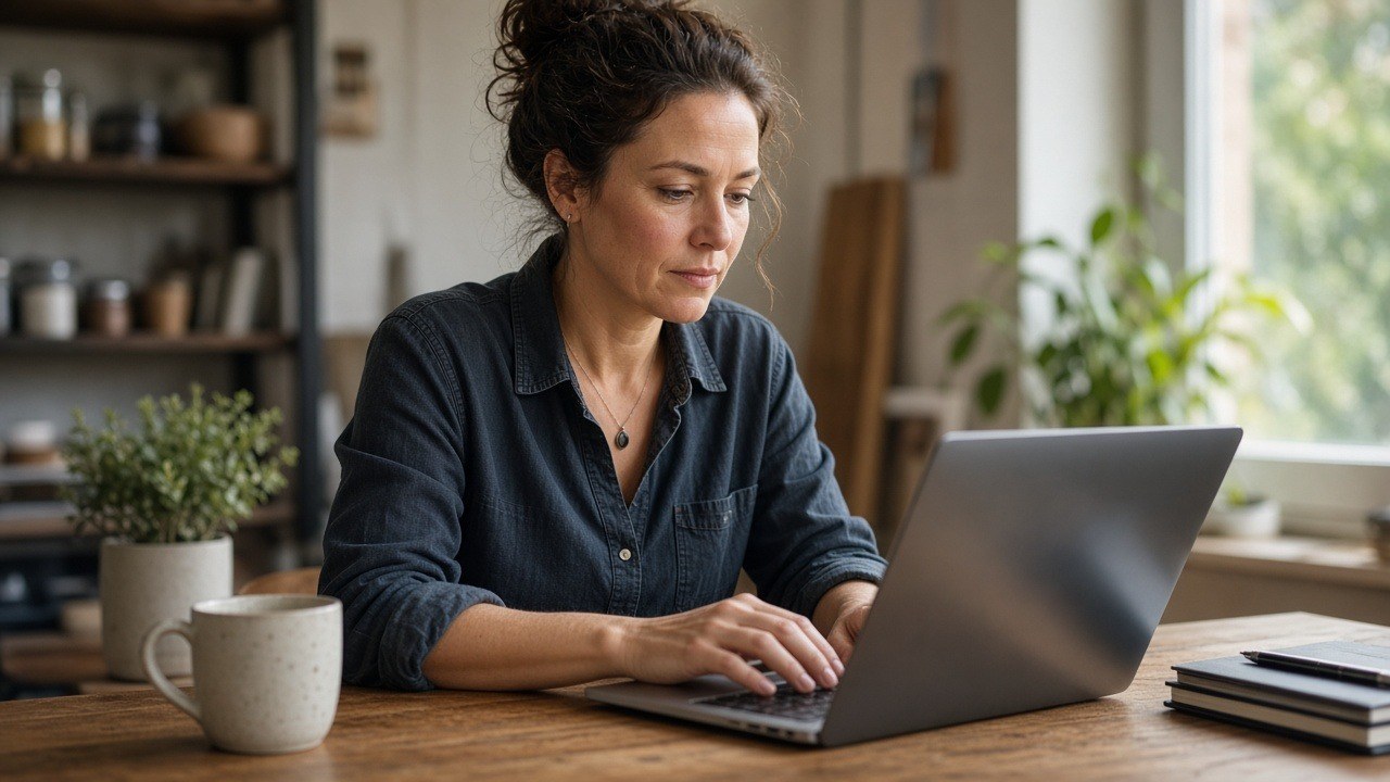 Small business owner doing bookkeeping on a laptop at a tidy wooden desk