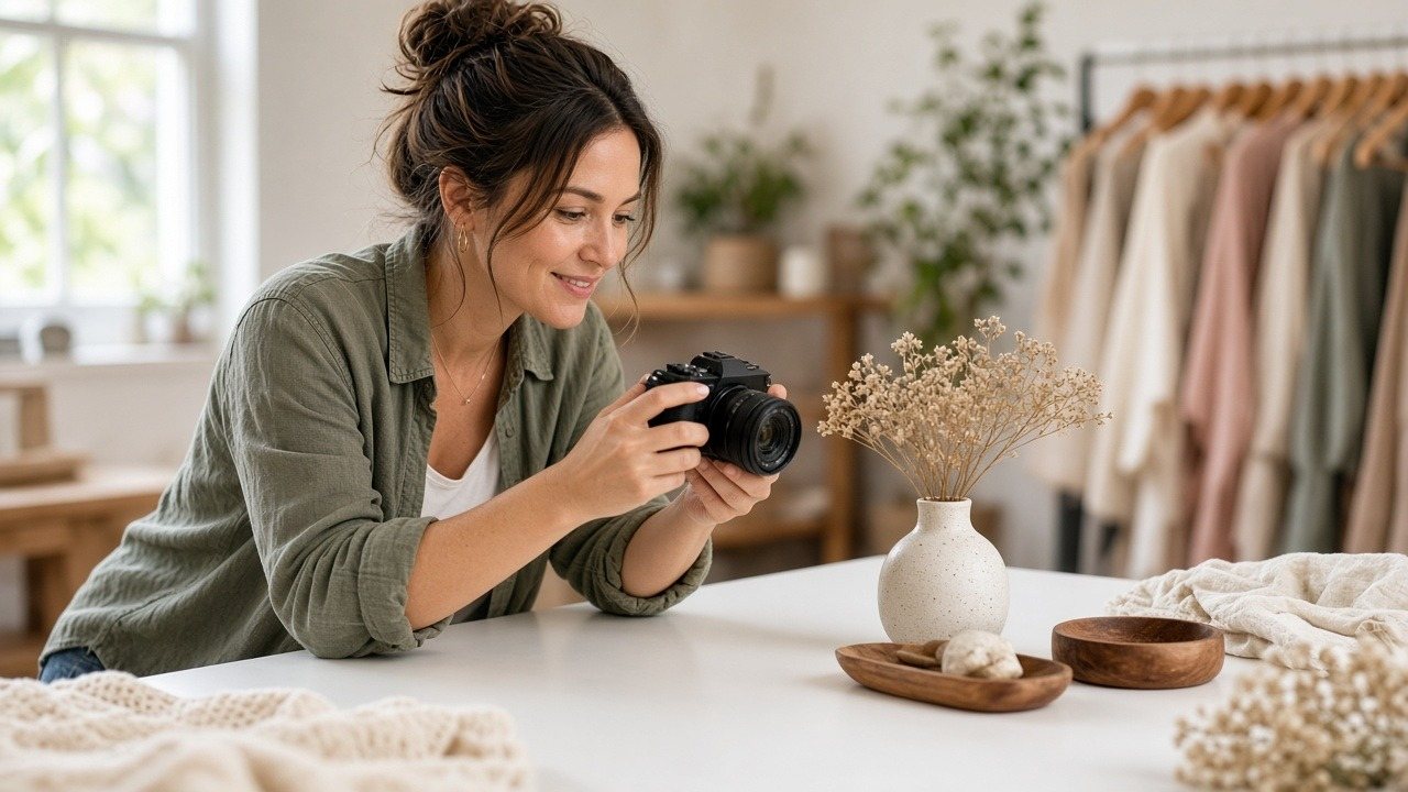 Online shop owner photographing products on a white table for her store