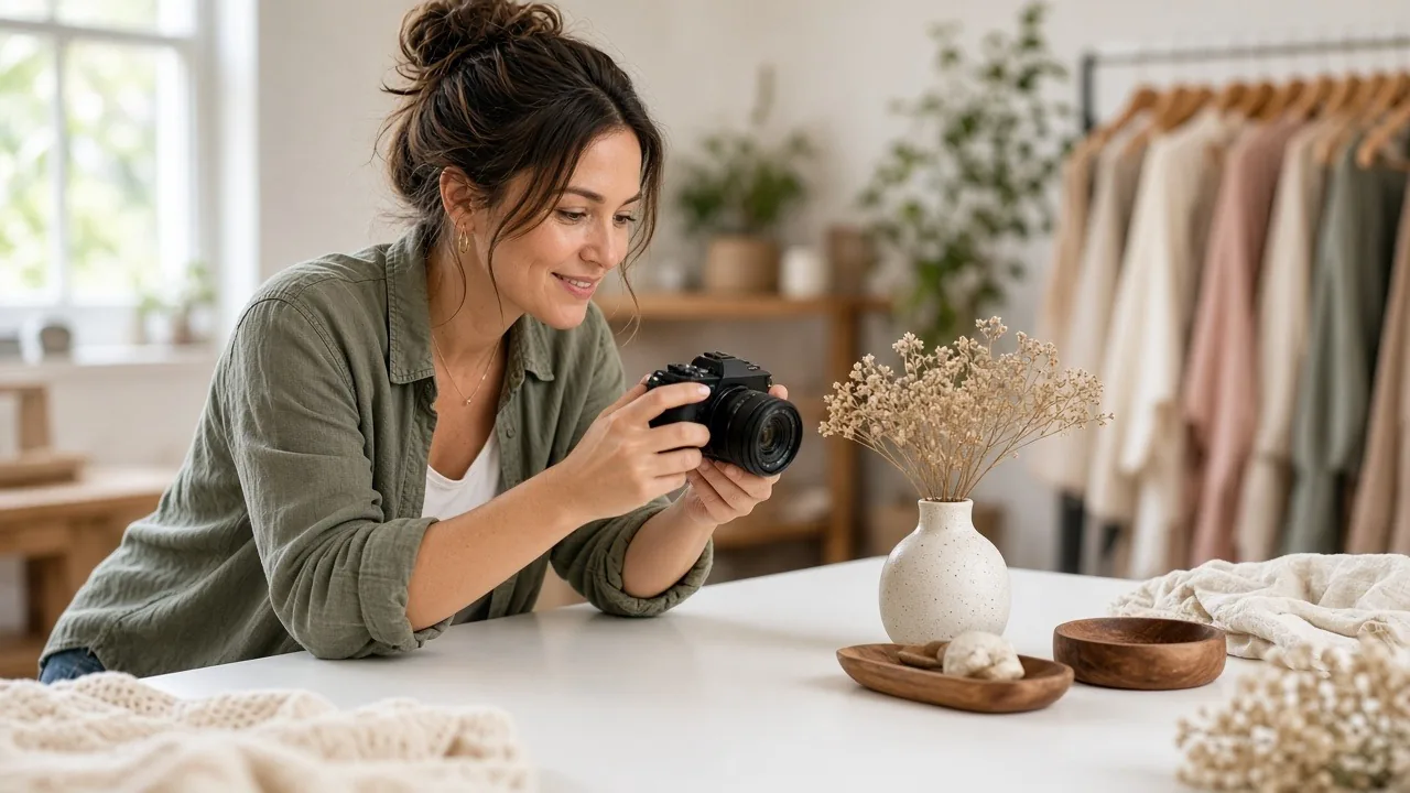 Online shop owner photographing products on a white table for her store