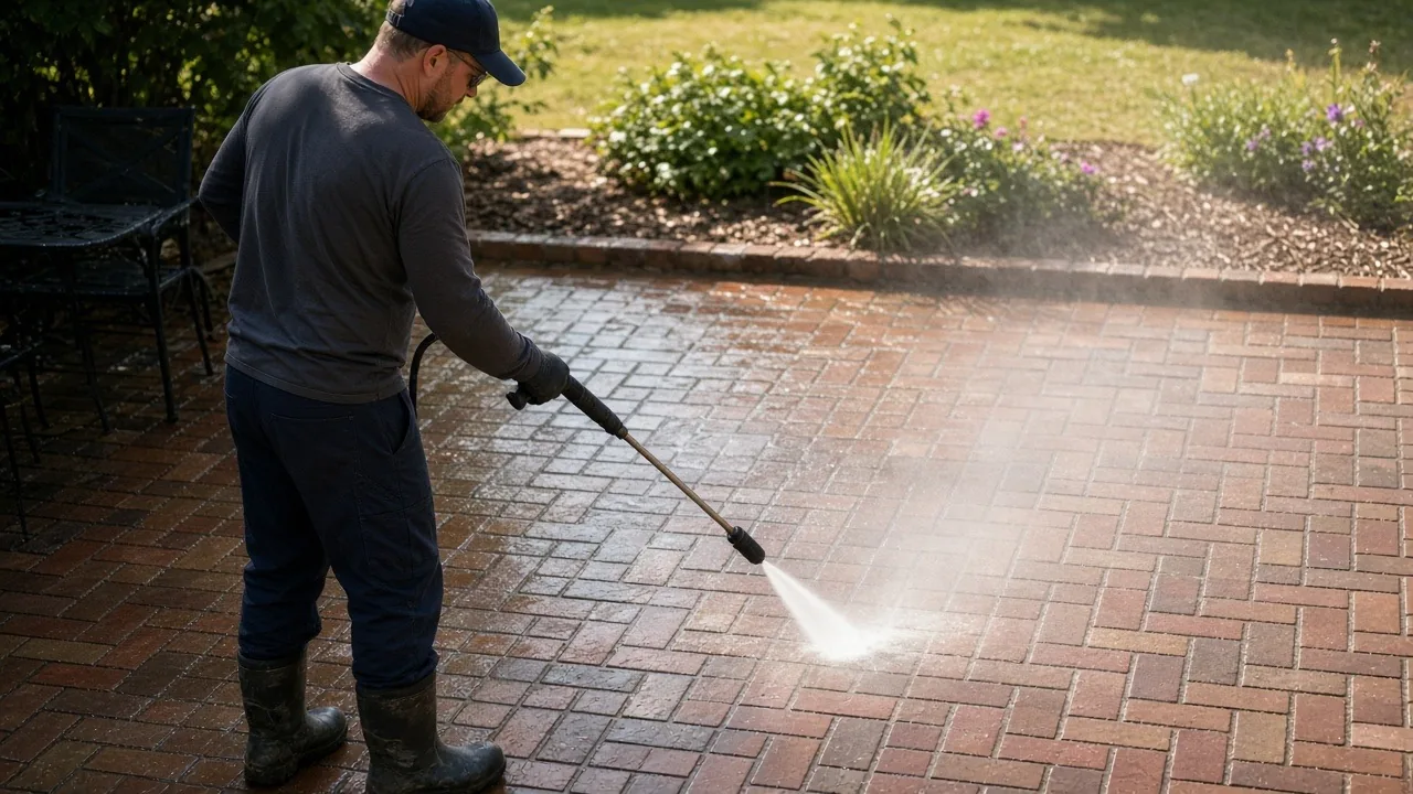 Cleaning business owner in a navy cap and rubber boots pressure-washing a herringbone brick patio beside a mulched garden bed