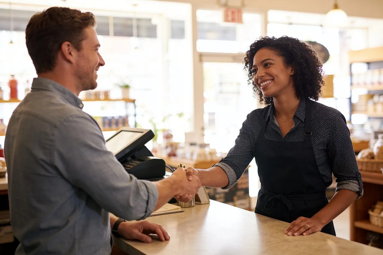 Small business owner shaking hands with a customer to close a sale