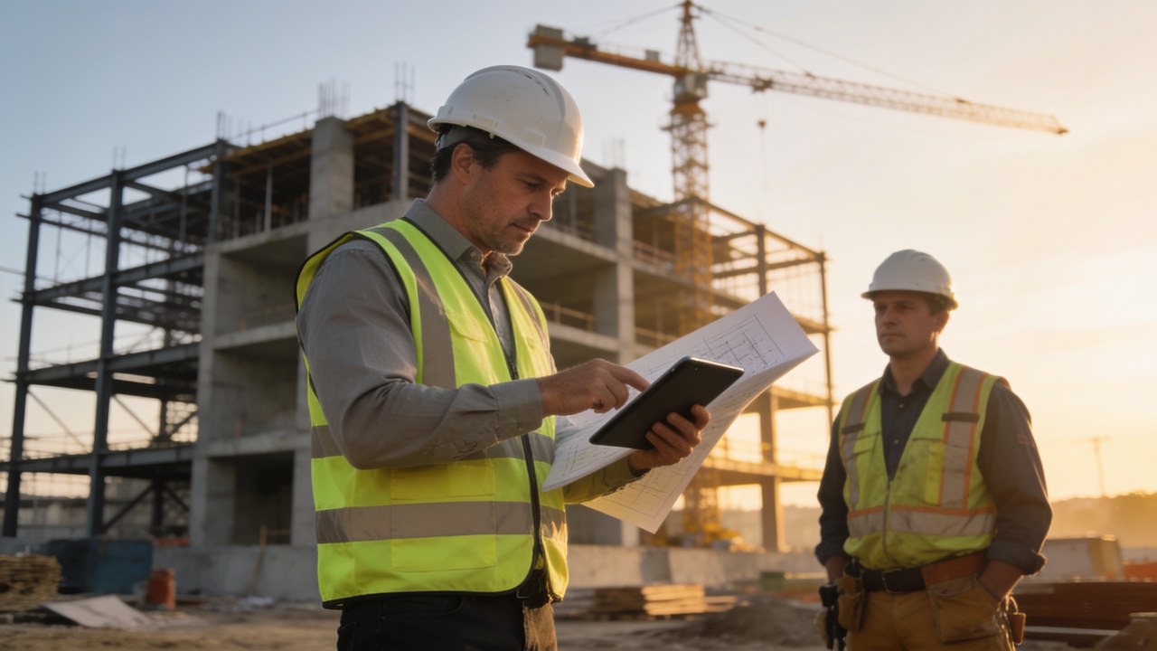 Construction company owner in a hard hat reviewing plans on a tablet at an active job site with a mid-rise building frame behind