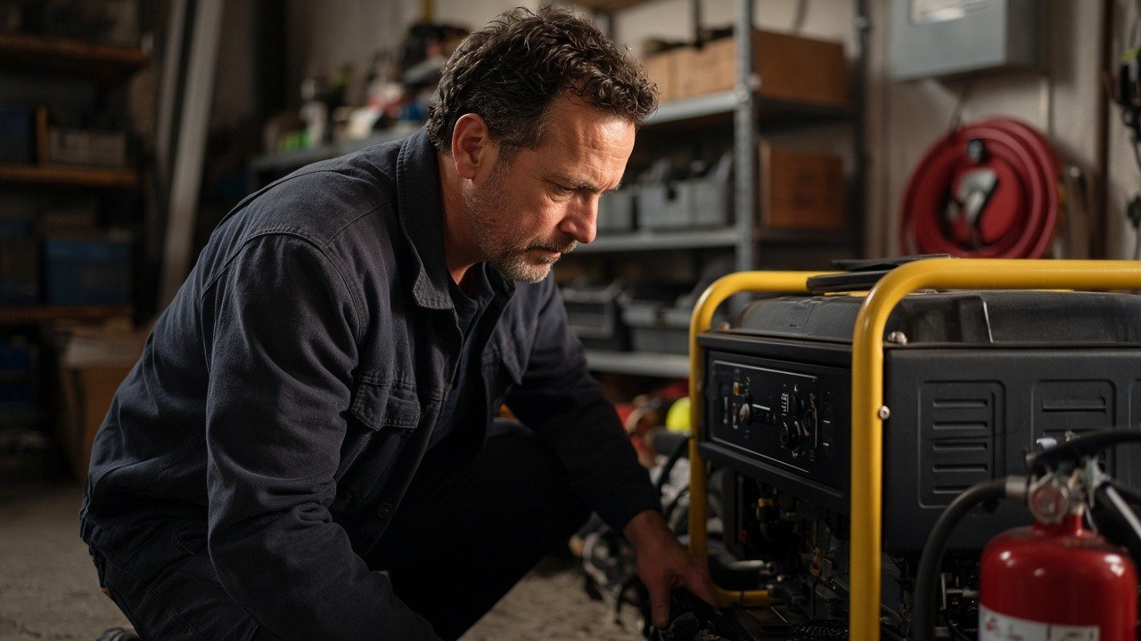 Business owner inspecting a backup generator next to a fire extinguisher in storage