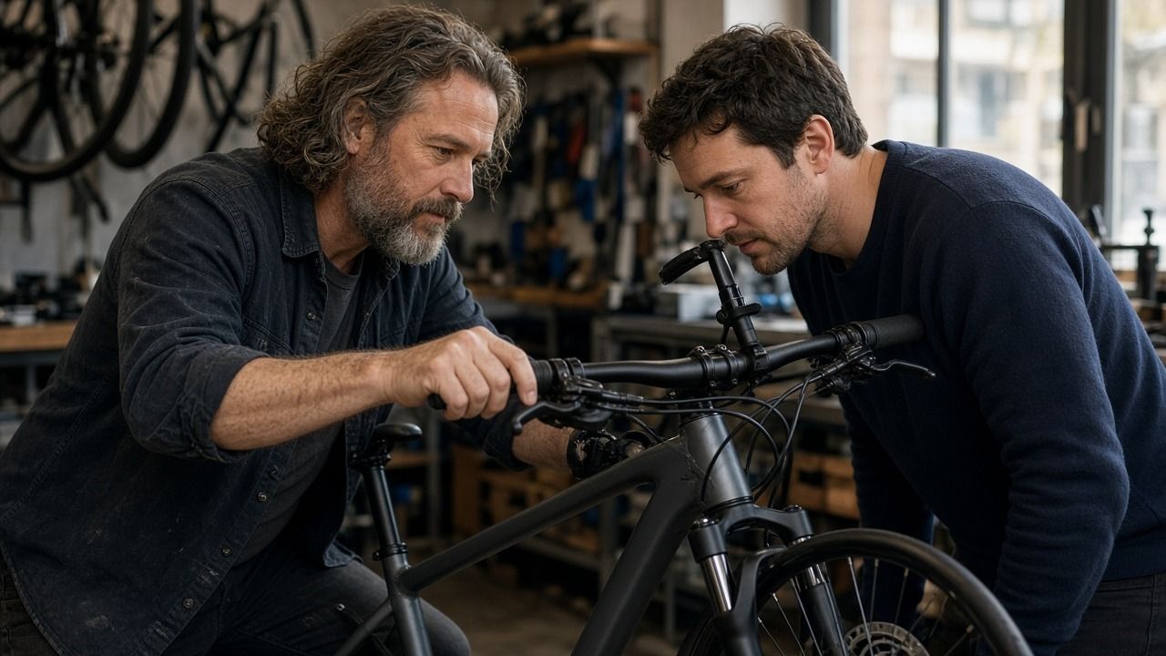 Bike shop owner walking a customer through the controls of a newly serviced bike in his workshop