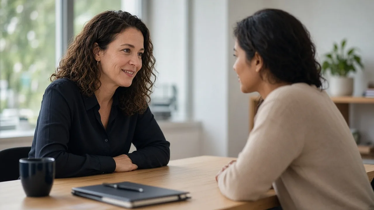 Small business owner in a black blouse sitting across a desk from a new employee, a notebook and pen on the table between them