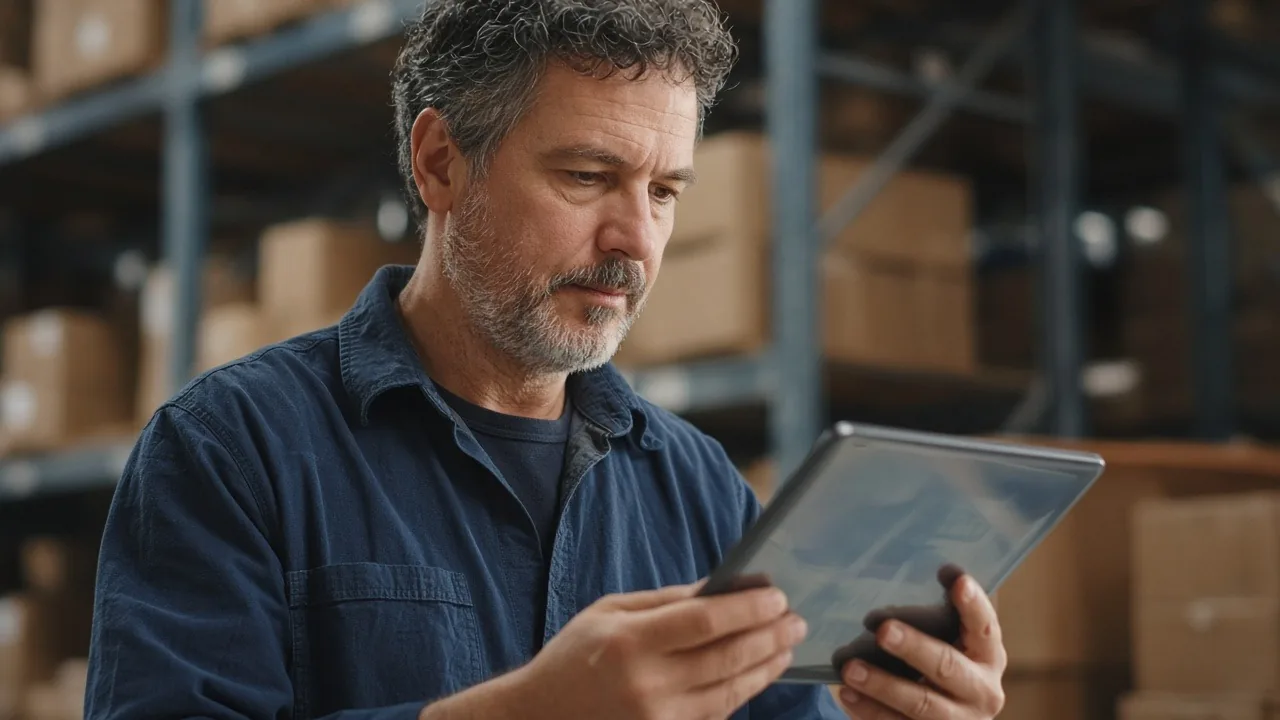 Small-business owner in a denim shirt checking an invoice on a tablet in a stockroom lined with shelved boxes