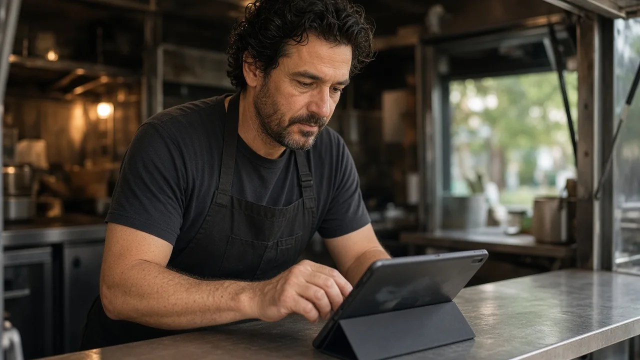 Food truck owner running numbers on a tablet inside his truck