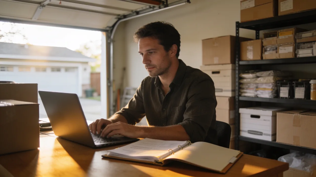 Home-based business owner working at a desk in his converted garage beside shelves of inventory and shipping boxes