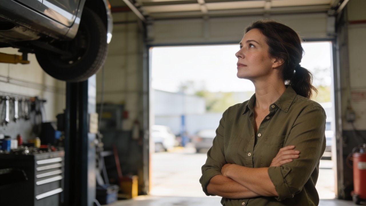 Small business owner standing in the service bay of her auto repair shop, thinking through the upfront cost of financing