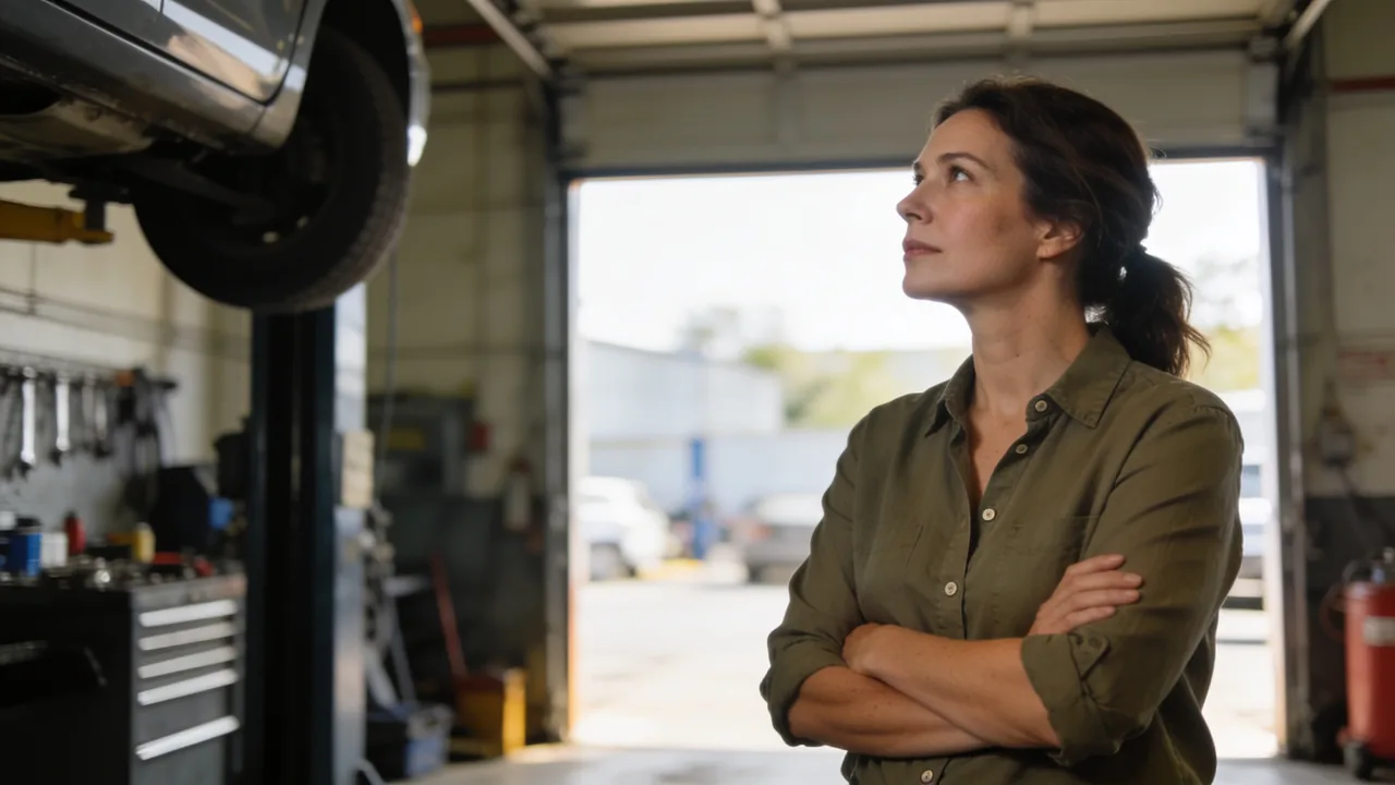 Small business owner standing in the service bay of her auto repair shop, thinking through the upfront cost of financing