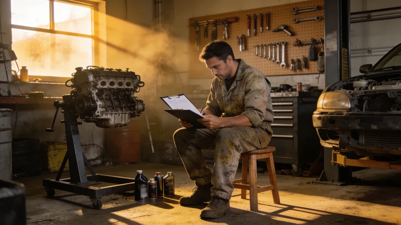 Solo auto shop owner working alone in his one-person repair garage, filling out paperwork on a clipboard beside a work bay in late afternoon light