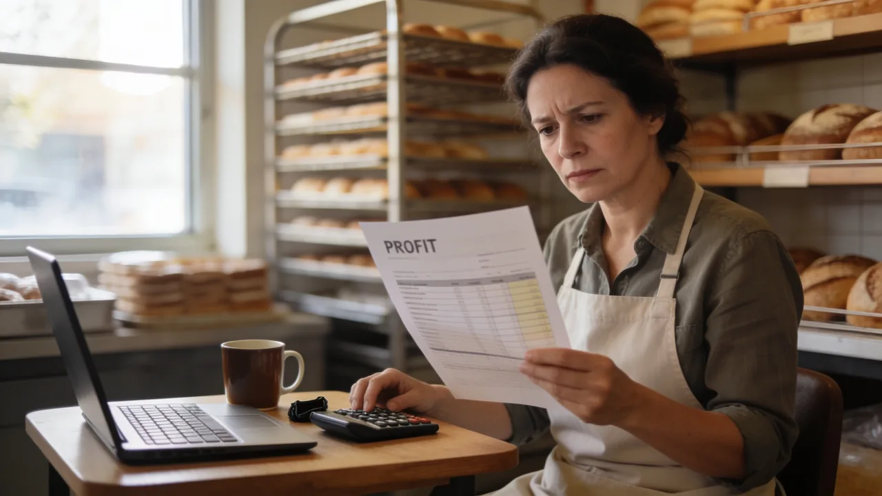 Bakery owner in an apron studying a printed profit and loss statement beside a calculator and laptop in her shop in morning light