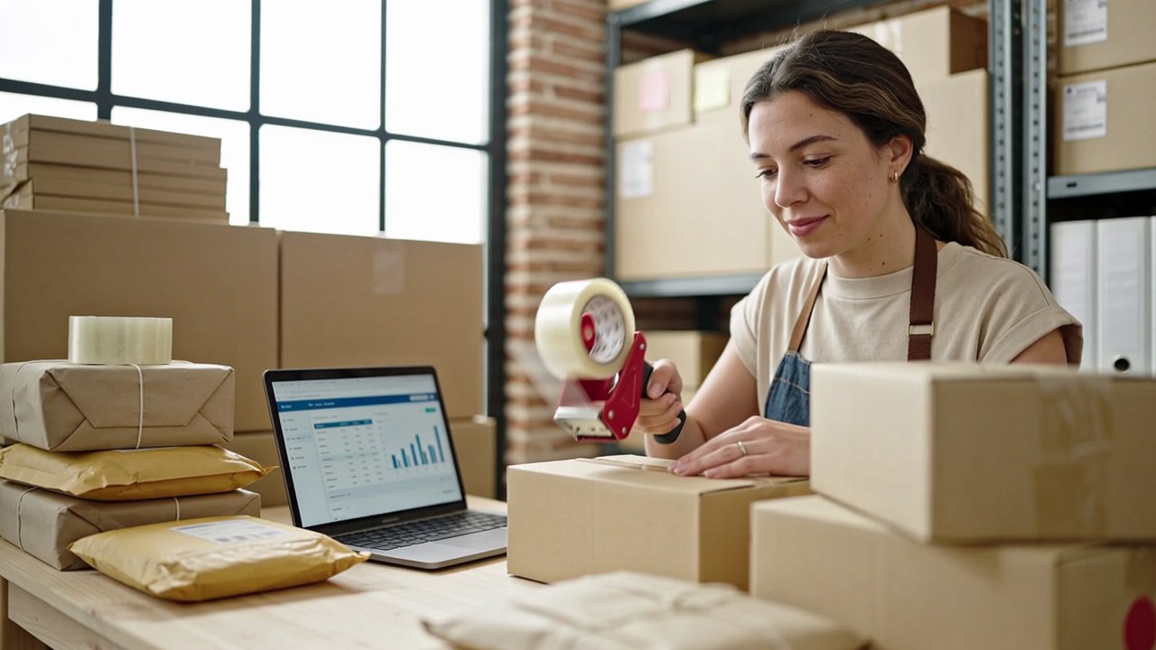 Small business owner packing online customer orders at a warehouse workbench beside a laptop showing a sales dashboard