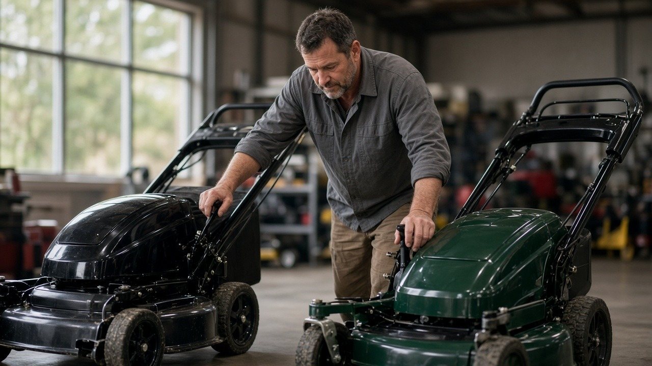 Landscaping business owner comparing two new lawn mowers at an equipment dealer