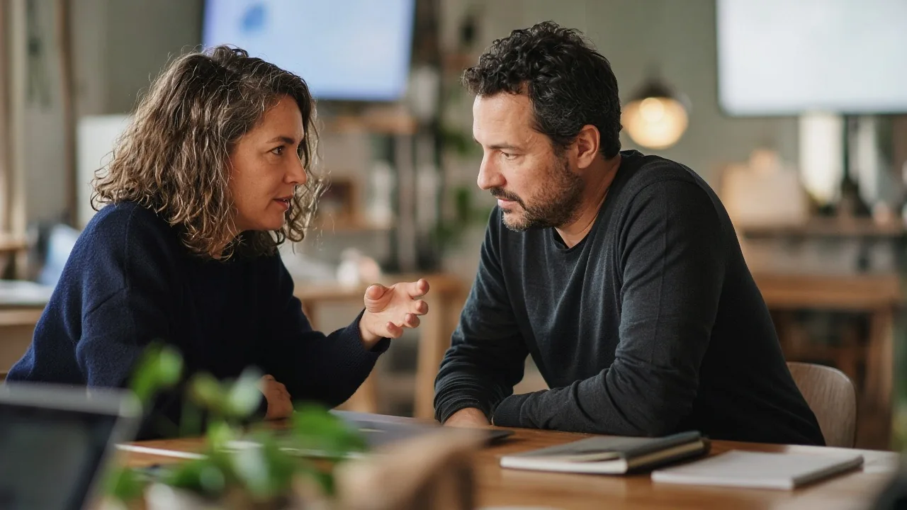 Two business owners talking through a decision across a wooden table with notebooks and a laptop