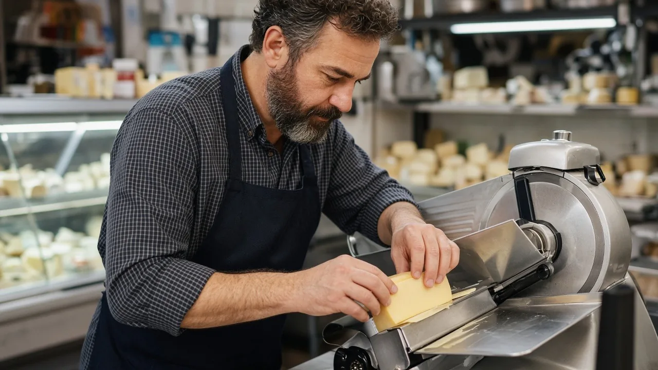 Deli owner slicing cheese at the counter in front of a stocked display case
